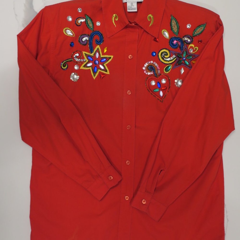 Vintage Harbour Vue Embroidered Bejeweled Shirt Red Size 10